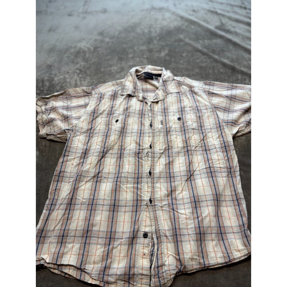 Kavu Short Sleeve Button‎ Up Shirt Mens L Plaid Blue Orange Pocket